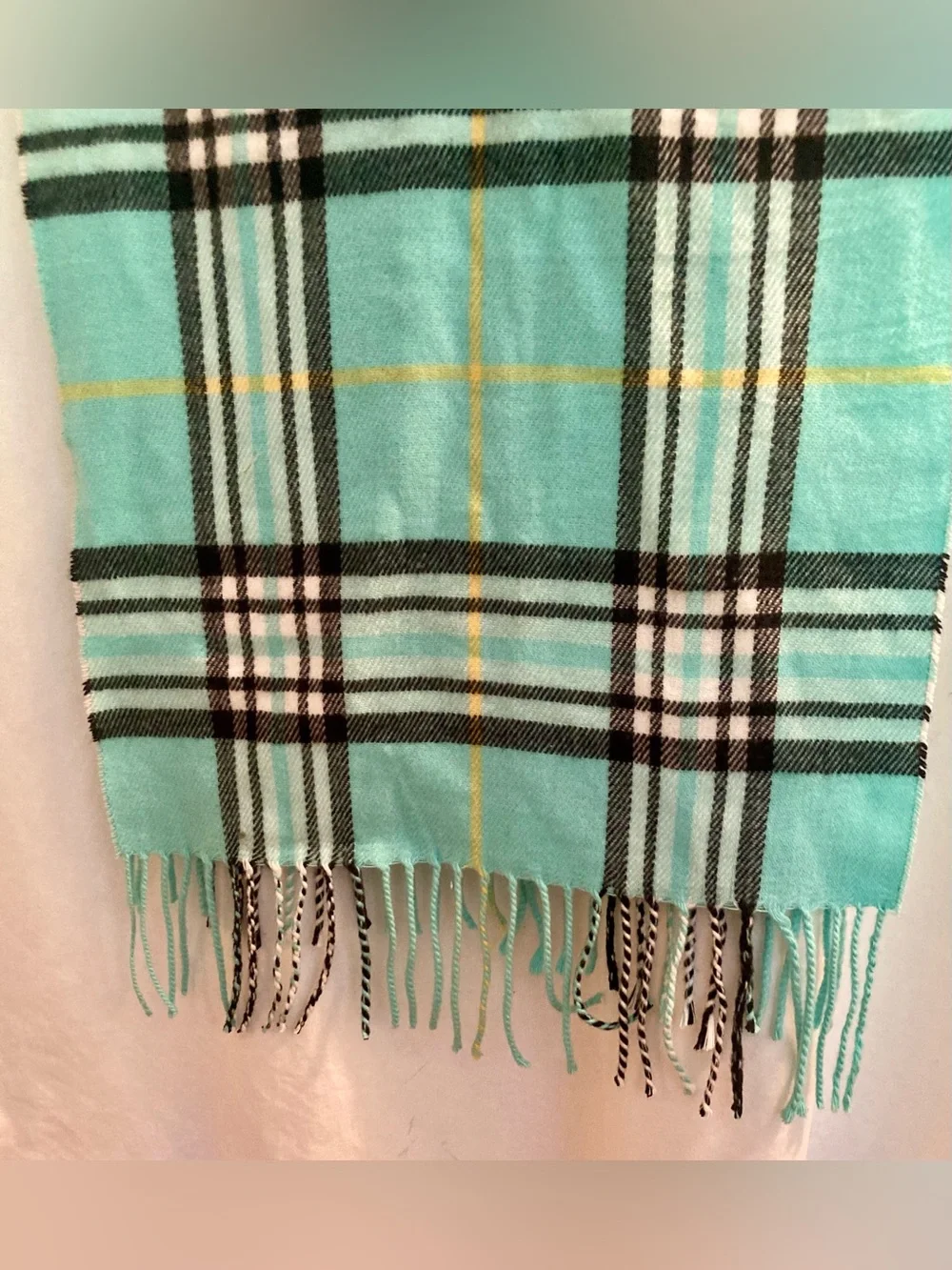 Turquoise Cashmere Feel Plaid Scarf with Fringe Size 76”x13”
